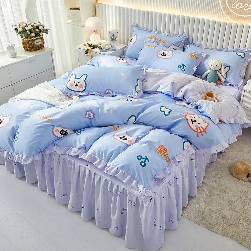 4pcs/set Girls Bed Skirts Comfortable Brushed Sheets Quilt Covers Bedding Sets Ins  Four Seasons Universal Four Piece Sets High Quality Home Textiles