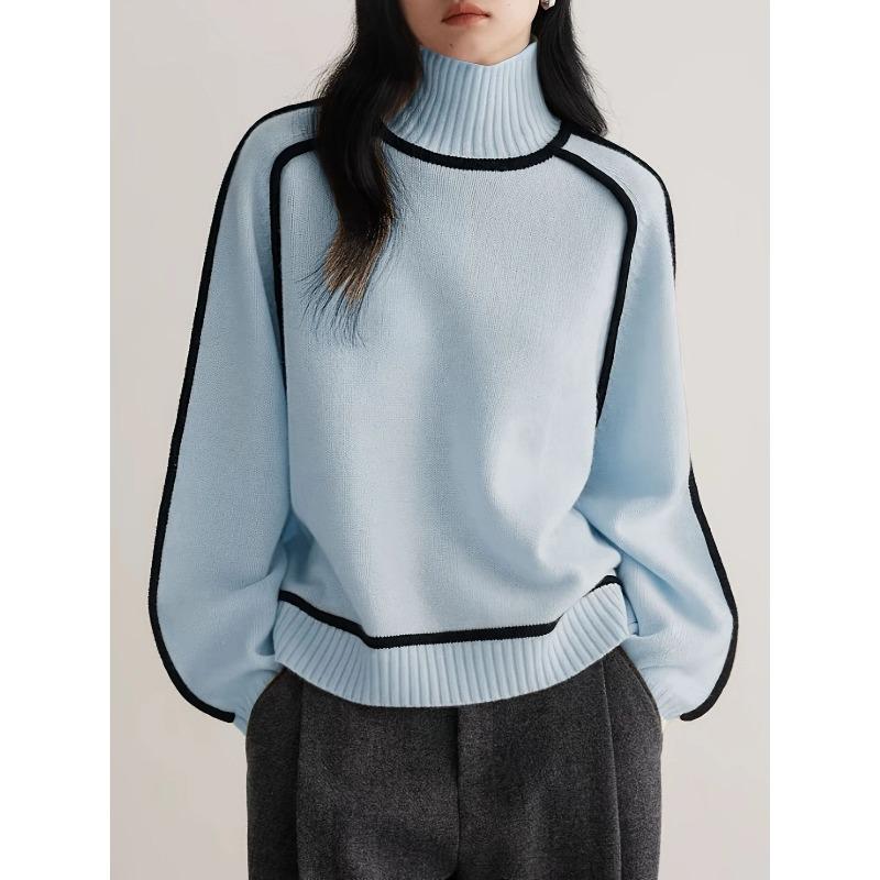 YYFS Women's Fashion Casual Fall Winter Stripe Print Long Sleeve High Neck Sweaters