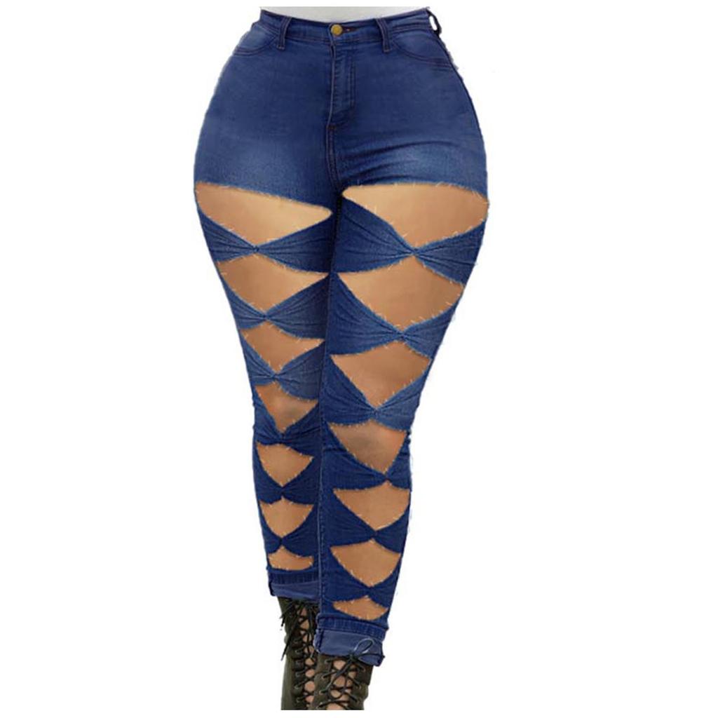 Fashion Women Solid Button High Waist Pocket Jeans Trousers Hole Denim Pants