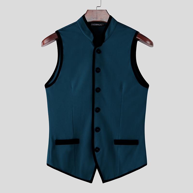 

INCERUN Men Stand Neck Sleeveless Stitching Slim Waist Thin Waistcoat Tops 5XL синий