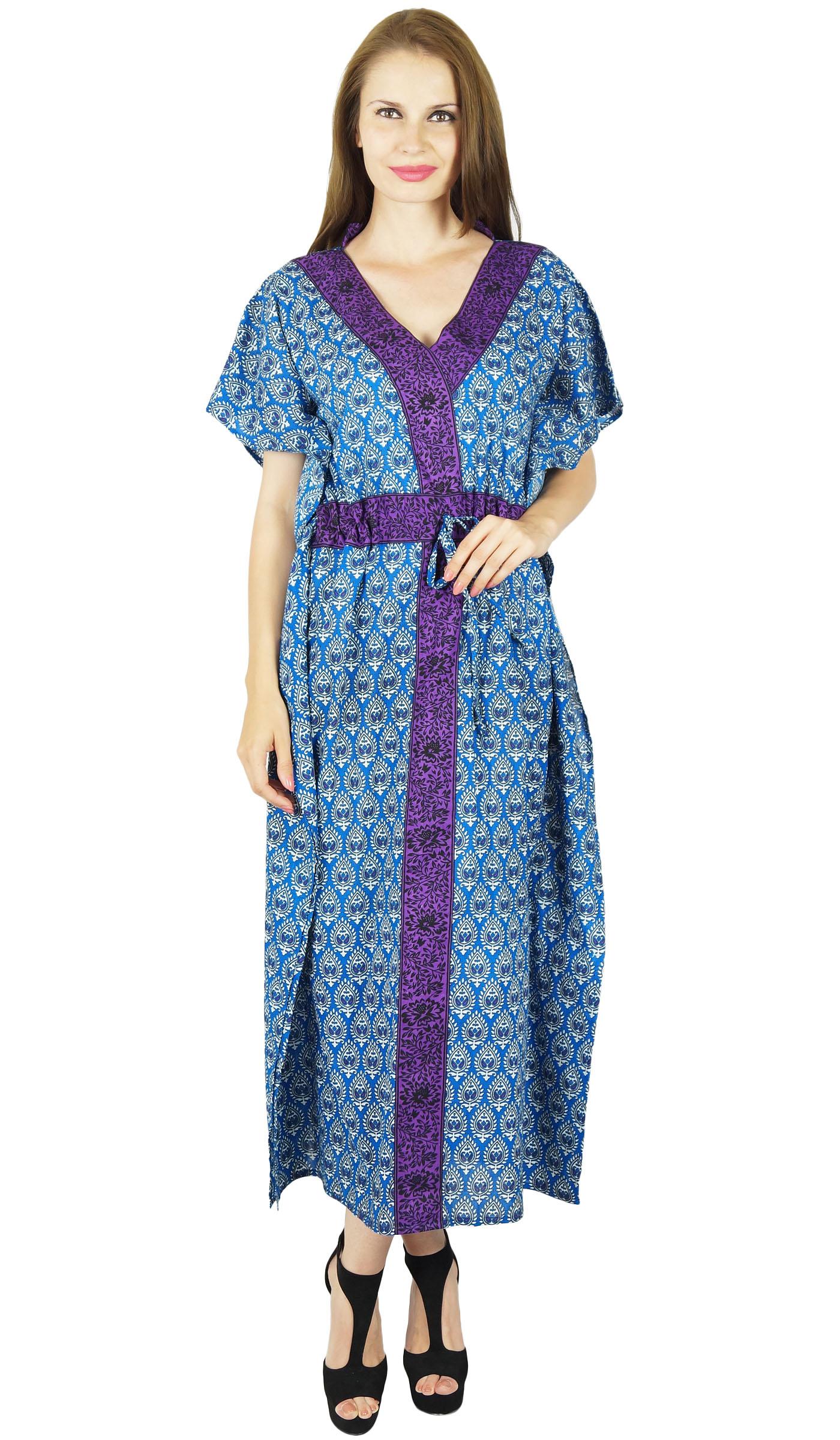 

Bimba Women Long Kaftan Maxi Cotton Gown Caftan Night Wear Coverup 6 синій