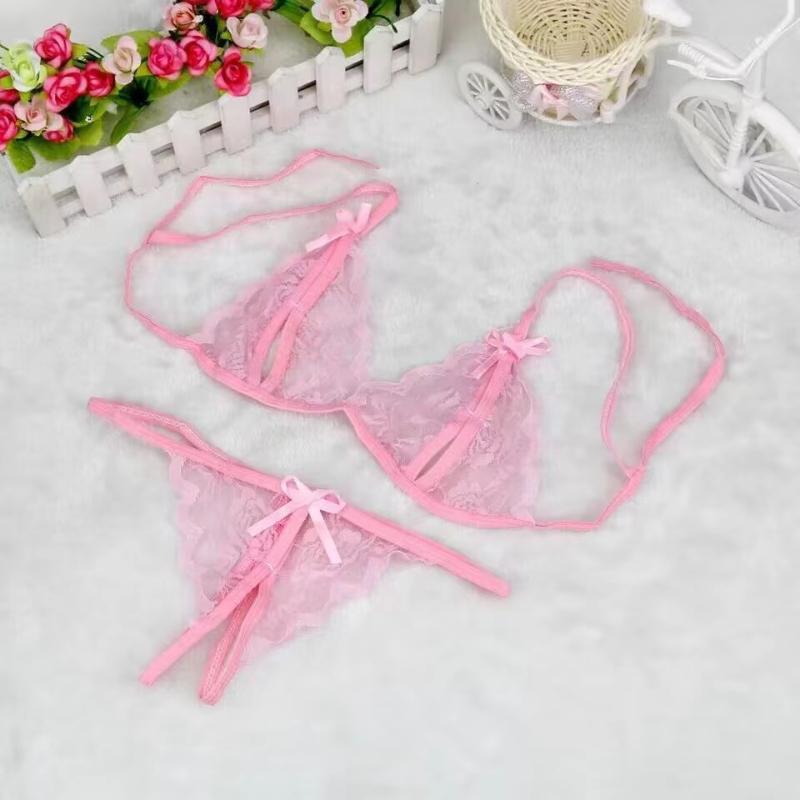Lady Lace Pajama Sets Sexy Lingerie Sleepwear Tie Band Out Top And Hollow Out Thin Strap G-String Ultra Thin Home Clothes