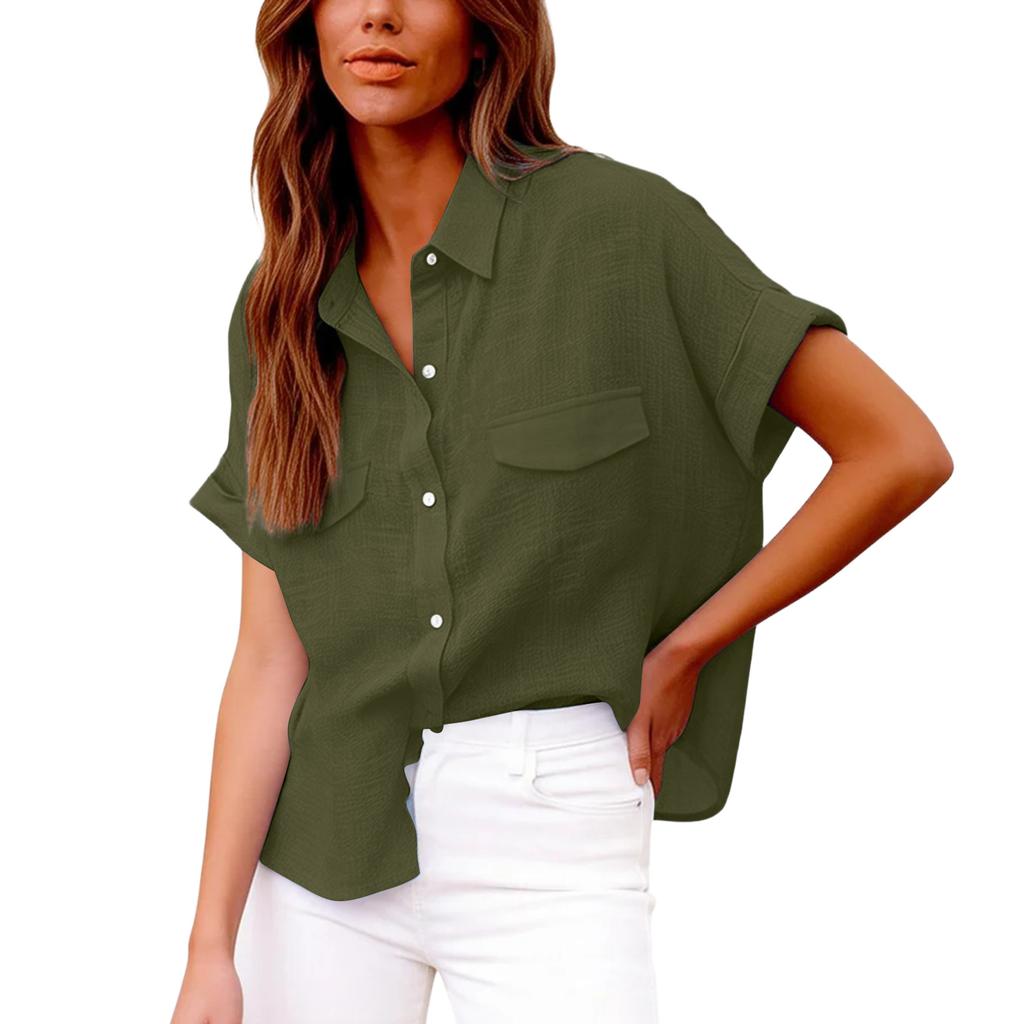 Women's Fashionable Loose-Fit Casual Shirt Button-Up Short-Sleeve Cotton-Linen Blend Top