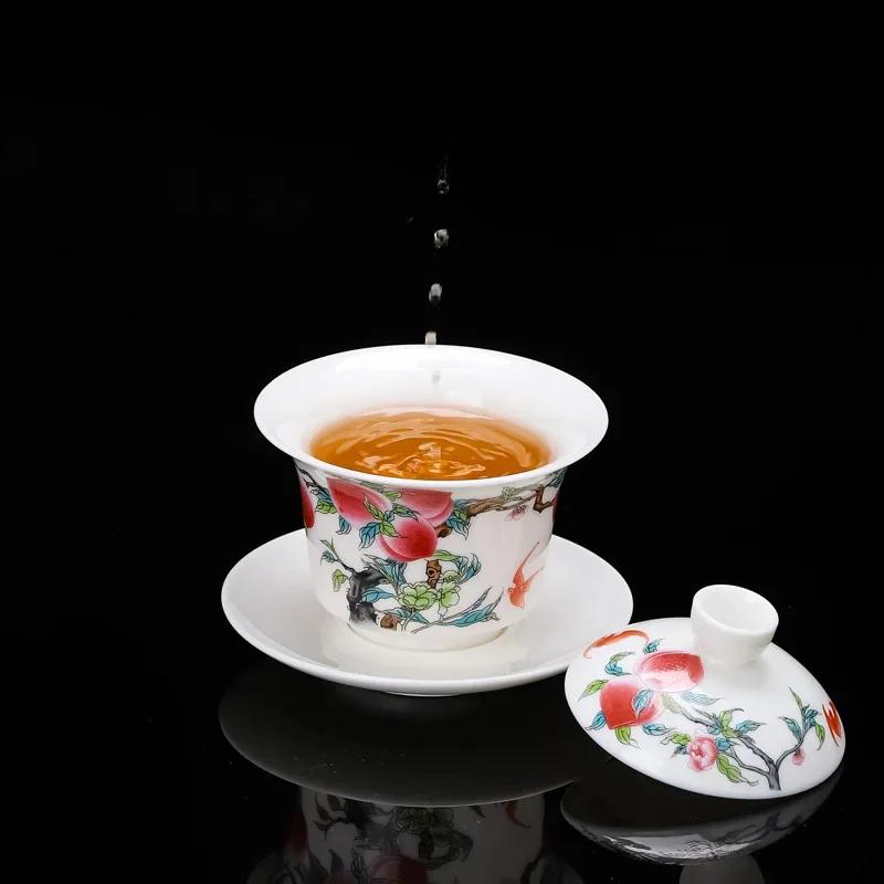 Tea Gaiwan Tea Cup White Jade Ceramic Teacup Peach Pattern Bowl Shaped Tureen Chinese Kung Fu Teaware Gift Drinkware