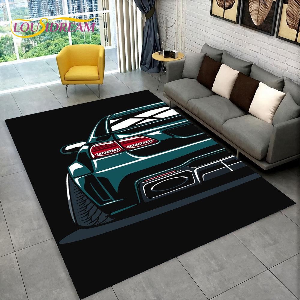 Großer 3D-Teppich mit Rennwagen, Teppich für Zuhause, Wohnzimmer, Schlafzimmer, Sofa, Fußmatte, Dekor, Kinderspiel, Küche, rutschfeste Bodenunterlage