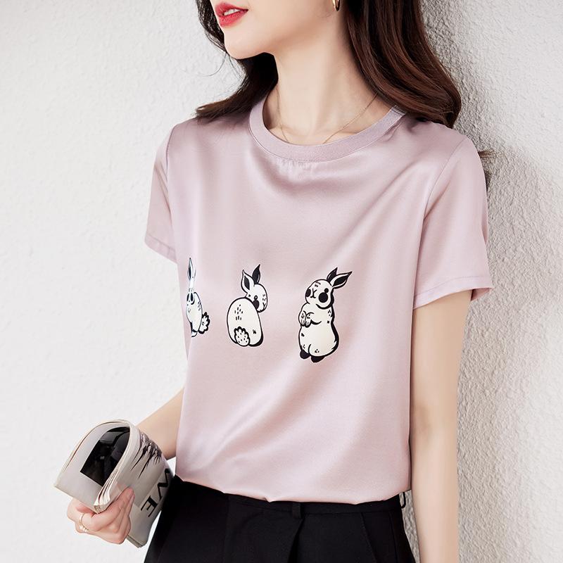 

Летняя новая шелковая футболка, чтобы скрыть живот и показать стройность, универсальный темперамент, нежный топ из тутового шелка, маленькая рубашка для женщин M