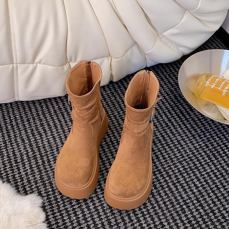 Fashion Retro Thick Bottom Heightening Boots Women's Shoes Autumn New Versatile Suede Solid High Heels Goth Chelsea Botas Ladies Shoes