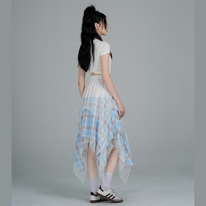 

Korean Lace Splicing Plaid Skirt: 2025 Summer Design, Versatile & Stylish Long Skirt for Women Large синий