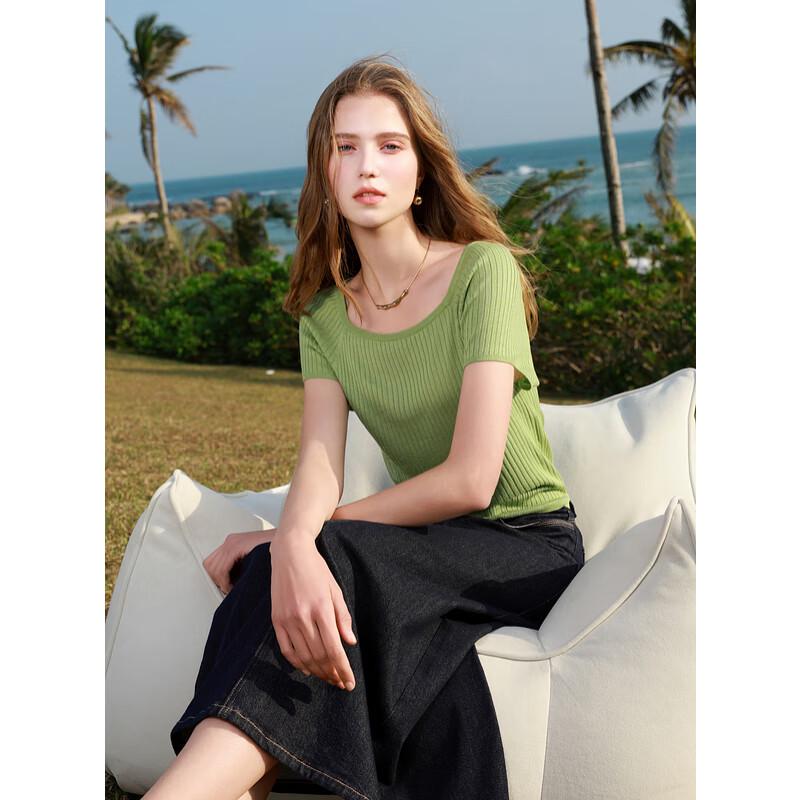 SanCai 2025 Spring Ice Silk Square Neck Cropped Knit Top