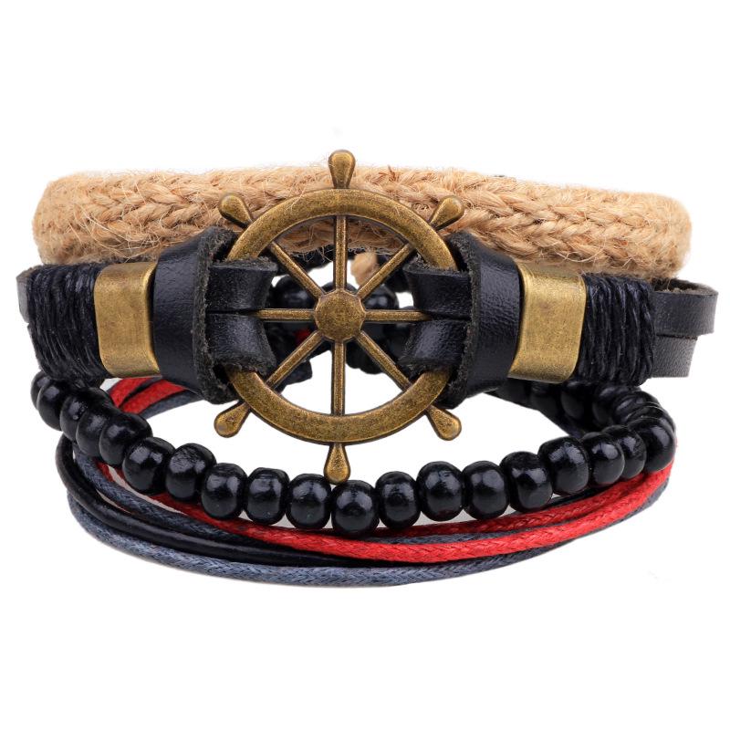 Men's Retro Multi-Strand Cowhide Anchor Bracelet Set with Wood Beads