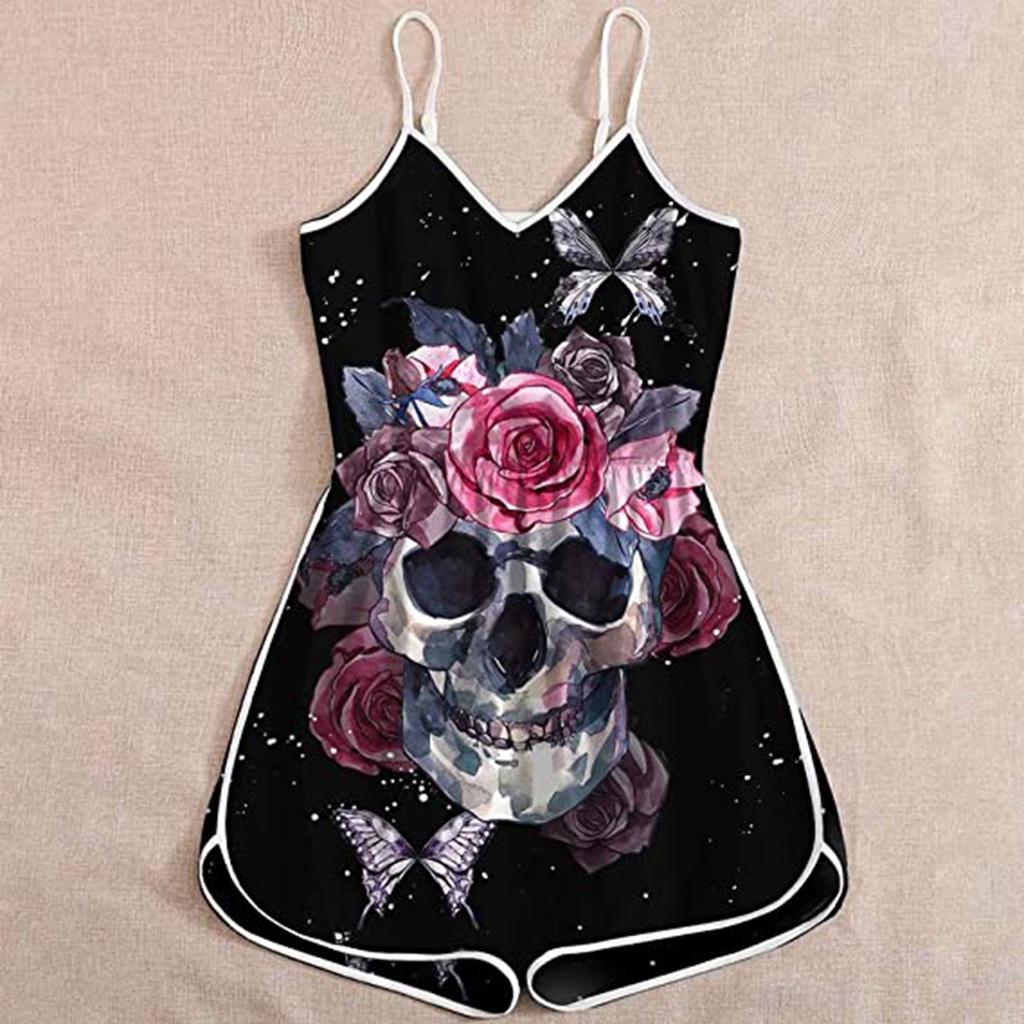 Wish Halloween print lady skull suspender jumpsuit