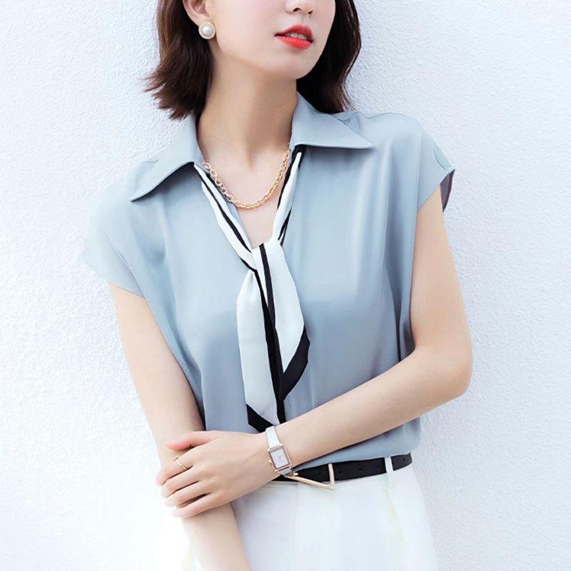 Mall 1116 Women's Summer New Occupation with Ribbon Decorative Chain Short Sleeve Shirt 1111119