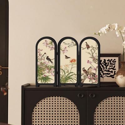 Paravent Décoratif Mini Écran Design Chinois 3 Panneaux Petit de Table Imprimé Oiseau et Fleur pour