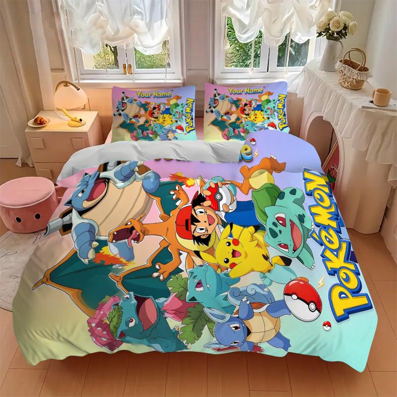 Custom Name Pokemon Bedding 3 Piece Set HD Print Duvet Cover Pillowcases for Teens Adult Home Bedroom Decoration Christmas Gift durable