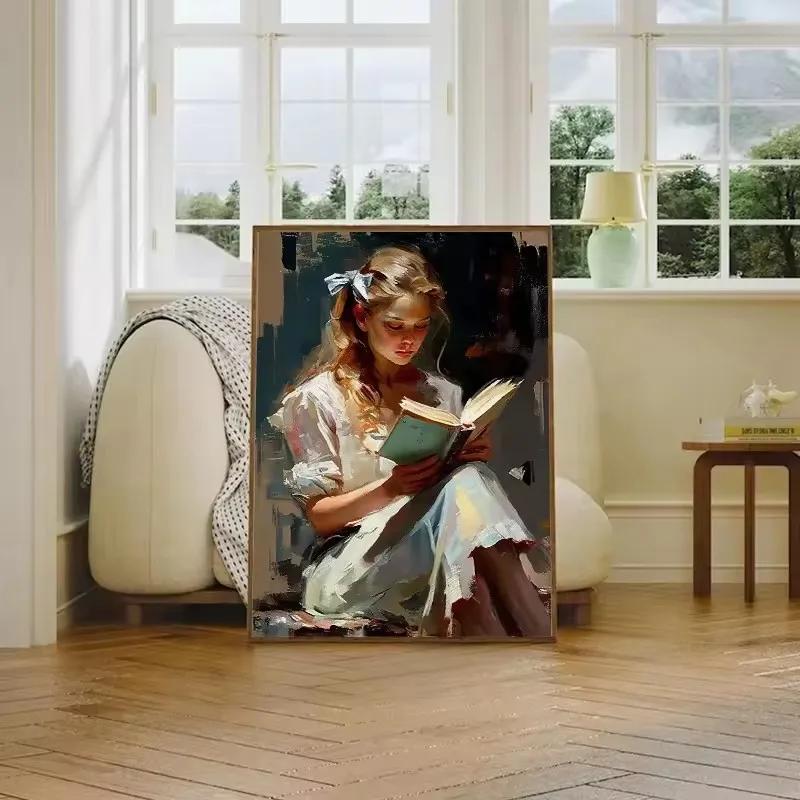 Vintage Read Elegant Girl Book Lovers Poster Women Portrait Oil Painting On Canvas Painting Wall Art Picture for Room Home Decor