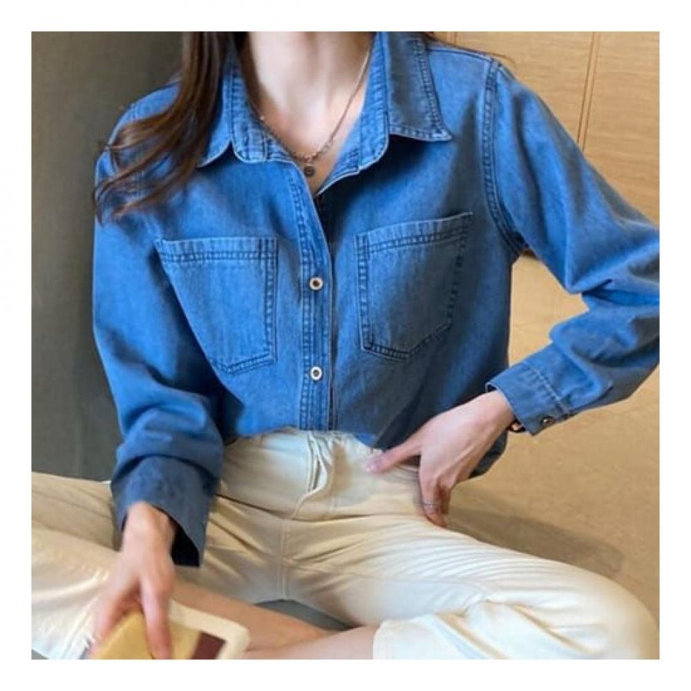 Navava Men Retro Pocket Loose Fit Denim Long Sleeve Shirt Nb1882