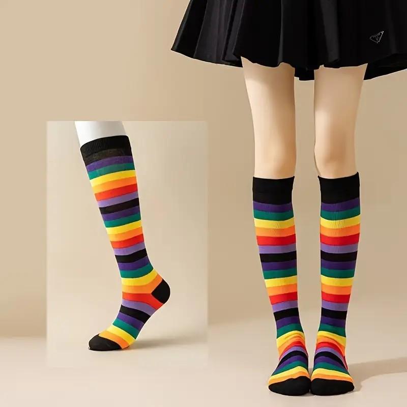 Halloween Socks Pure Cotton Rainbow Striped Socks Women's Summer Deodorant Knee Stockings Dance Socks