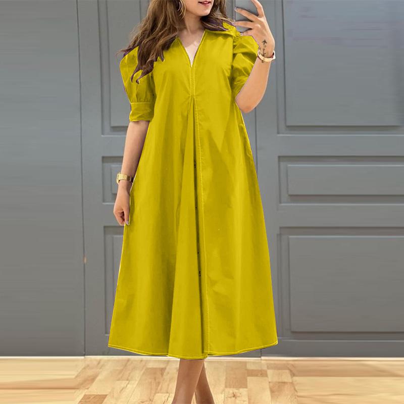 ZANZEA Women Casual V-neck Solid Color Loose Short Sleeve Dress