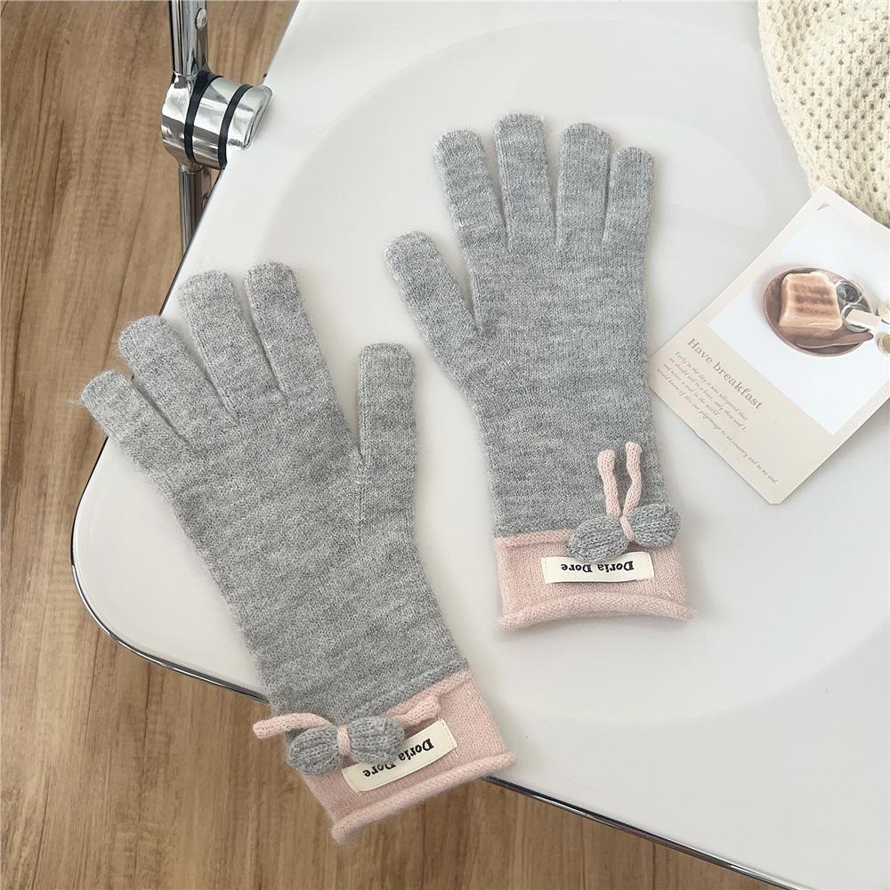 Bow Gloves for Women In Winter Korean Style Versatile Student Cute Five Finger Wool Knitted Couple Men Warm Riding