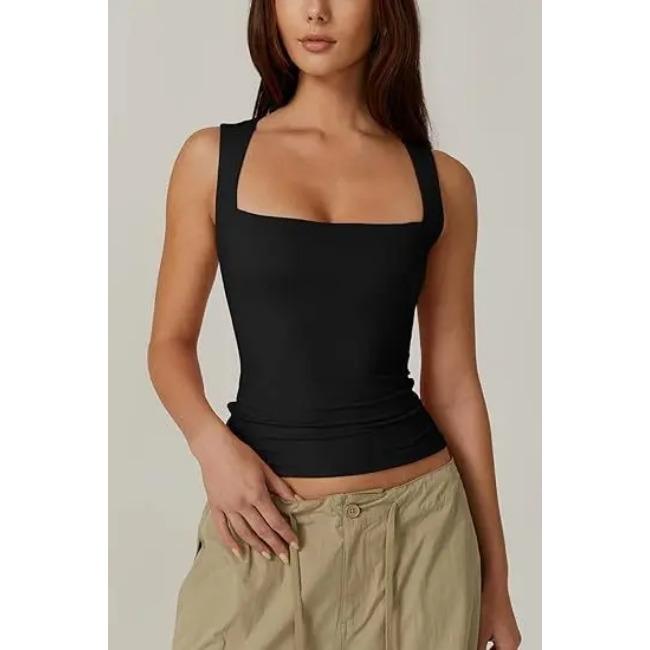 

2025 Seaside Vacation Summer New Solid Color Женская майка без рукавов с квадратным вырезом, двухслойная, базовая облегающая футболка для женщин XL чёрный