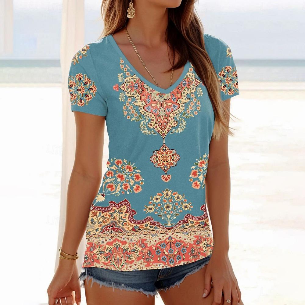

Outdoor Women s T-shirt Floral Graphic Printing Summer Casual V-neck Short-sleeved T-shirt Fashion Women s Clothing S