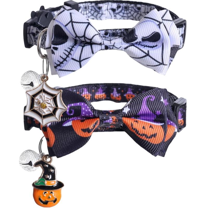 Halloween Cat Collar Breakaway with Cute Bow Tie and Bell for Kitty Adjustable Safety Spider Ghost Bat Pumpkin Cat/Dog Collar
