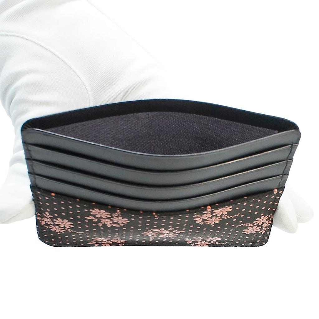 Indenya Slim Card Case, Thin, Deerskin Leather with Black and Pink Lacquer, Cosmos Pattern, 2530-51-175