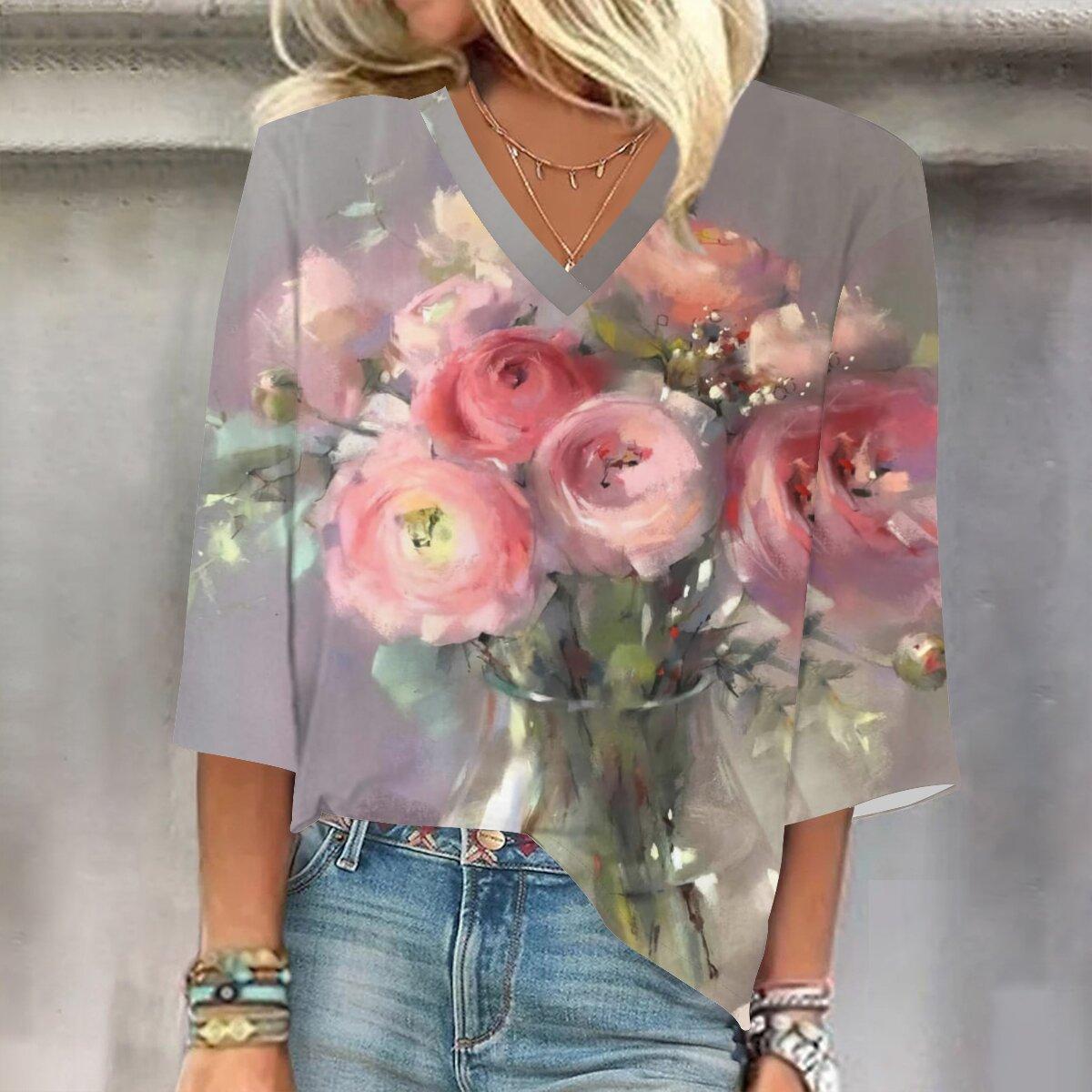 

2023 Весенне-осенний новый модный топ с рукавом 3/4 и принтом