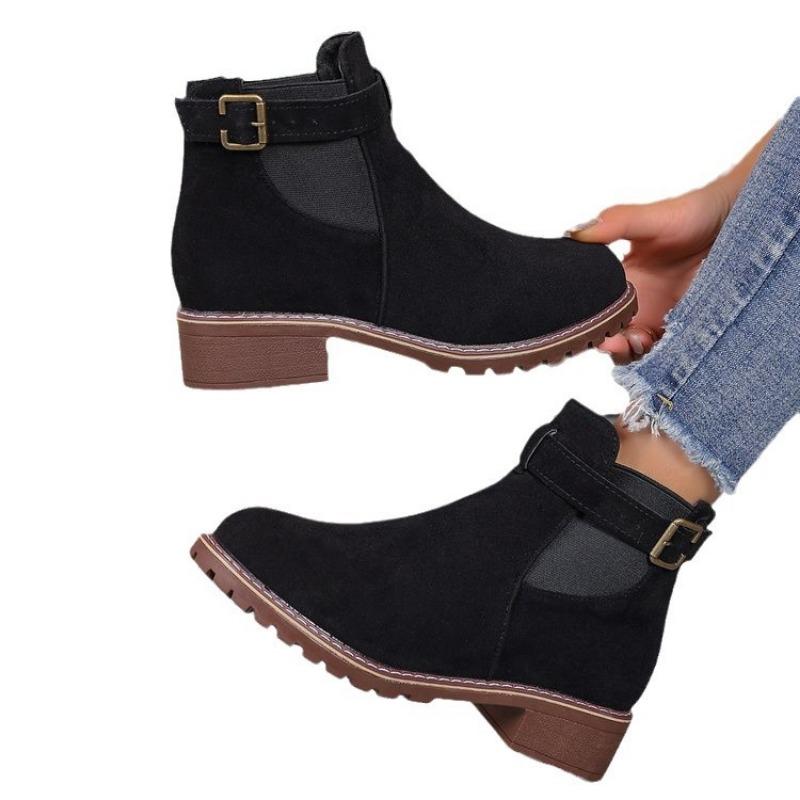 Ume Large Size Buckle with Square Heel Fashion Boots Autumn and Winter New Round Head Medium Tube Women's Boots
