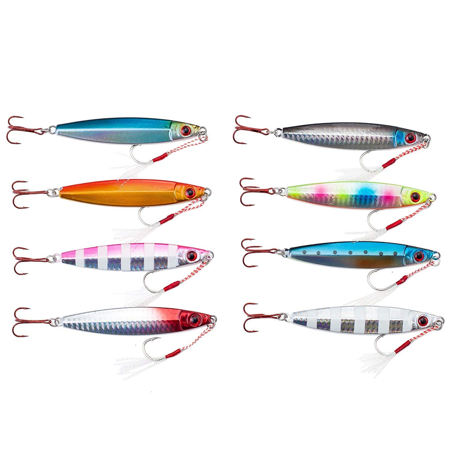

Olerud Fishing Tackle Metal Jig D with Assist Hooks Red Hooks for Less Visibility to Suitable for All for Sea Spanish and Yellowtail 8-Color Set,