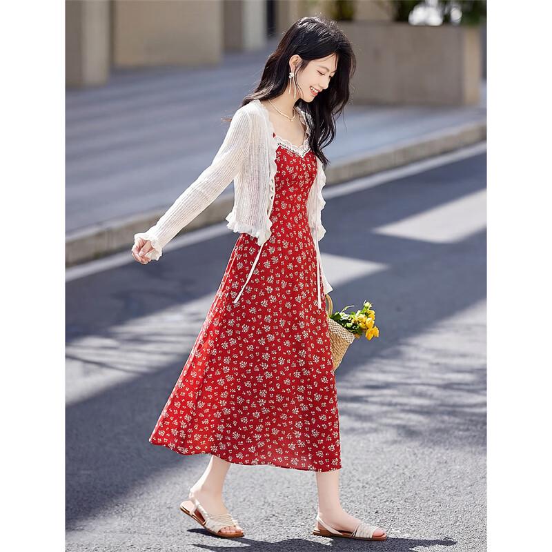 French Vacation Style Knitted Cardigan & Floral Dress Set M