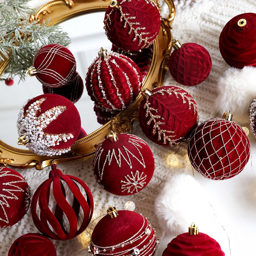 Dunkelrote Beflockte Weihnachtsbaumkugeln - Bemalte Perlen DIY Hängende Dekorationen für Festliche Szenenlayouts