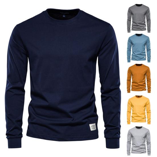 Men Tops Solid Color Cotton Pullover Comfortable Anti-pilling Crew Neck Elastic Cuff