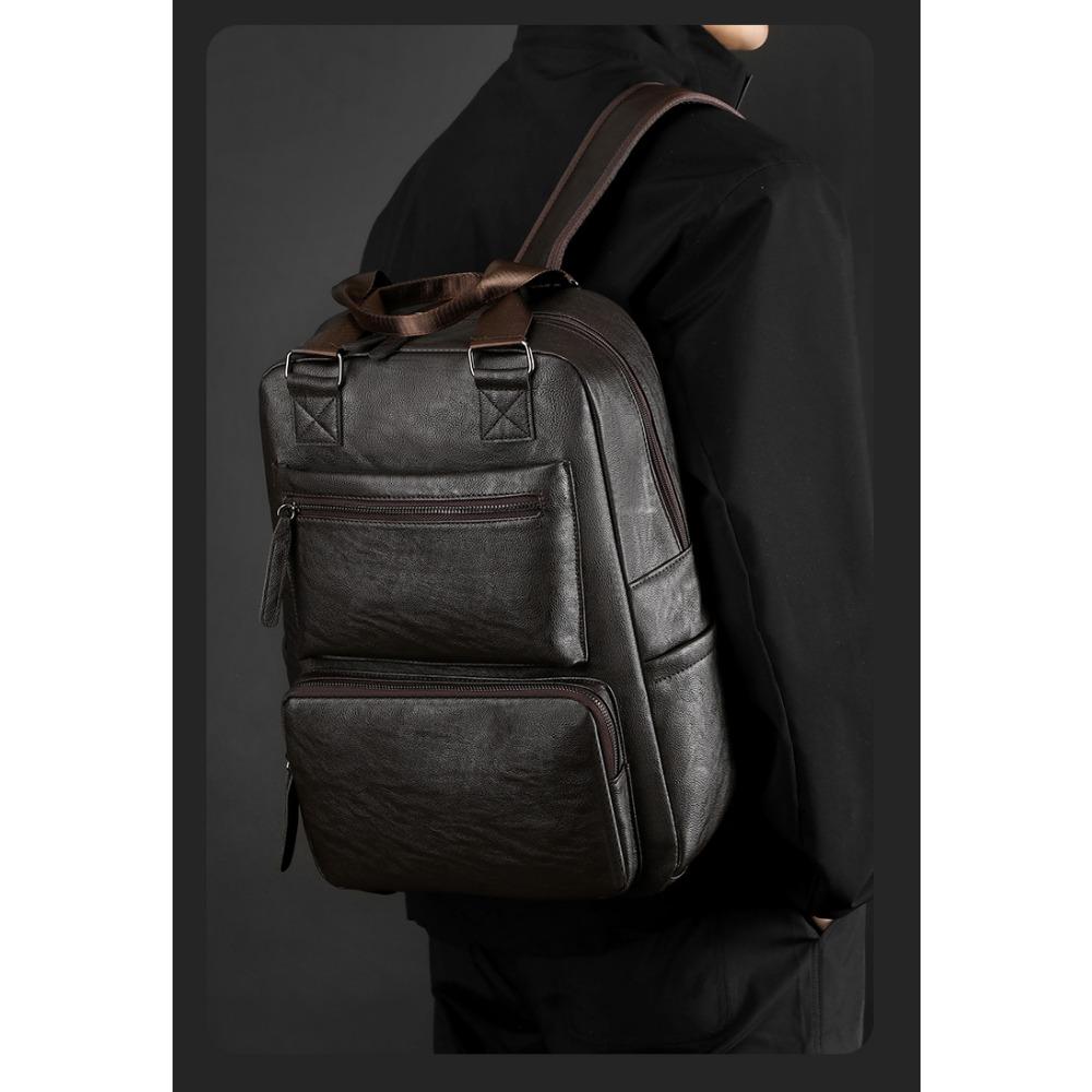 Men's Large Capacity Leather Backpack Business Casual Laptop Bag for Travel