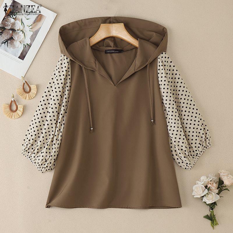 ZANZEA Femei Casual Imprimeu Buline Splice Mânecă 3/4 Hanorac Lejer Bluză