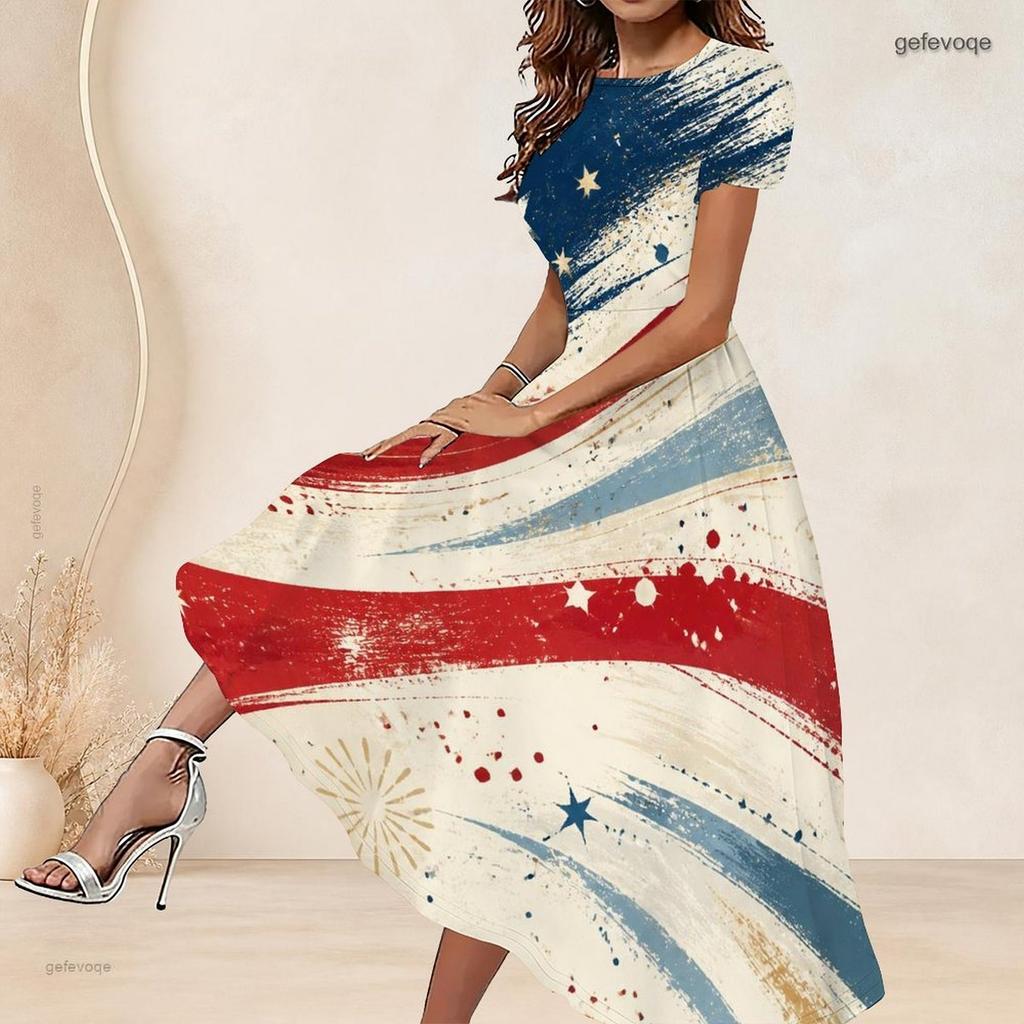 Women Plus Size Round Neck Short Sleeve Firework Star Printed Navy Blue Gathered Waist A Line Long Dress
