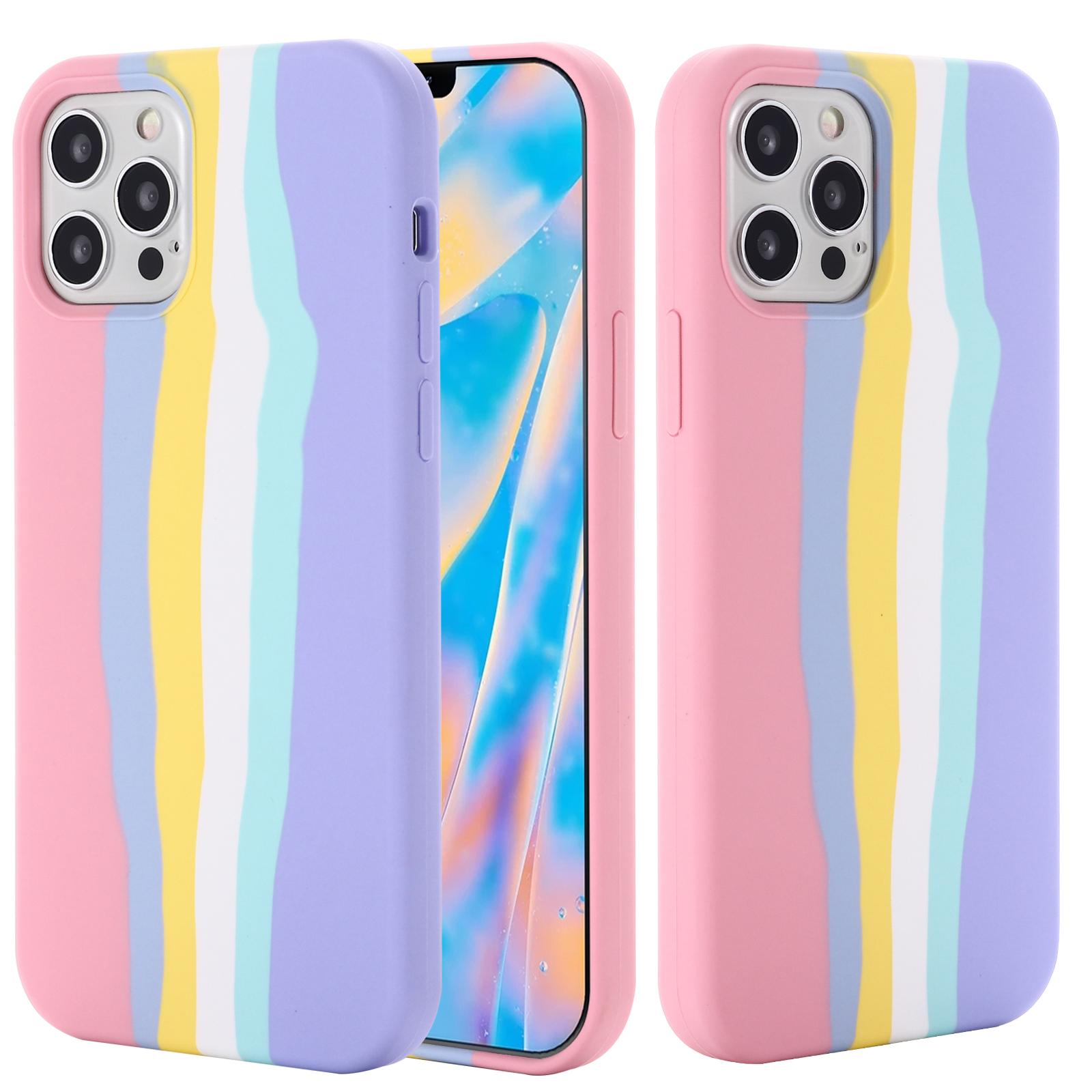 

For iPhone 15 Pro Rainbow Rubberized Liquid Silicone+PC Cover Fiber Lining Shockproof Phone Case Pink