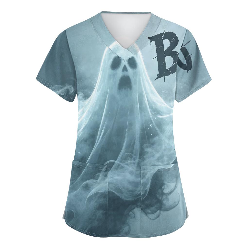 Women V Neck Short Sleeve Work Top with Pockets Halloween Print Nurse Uniform Scrub Shirt Medical Uniforms for Healthcare Professionals