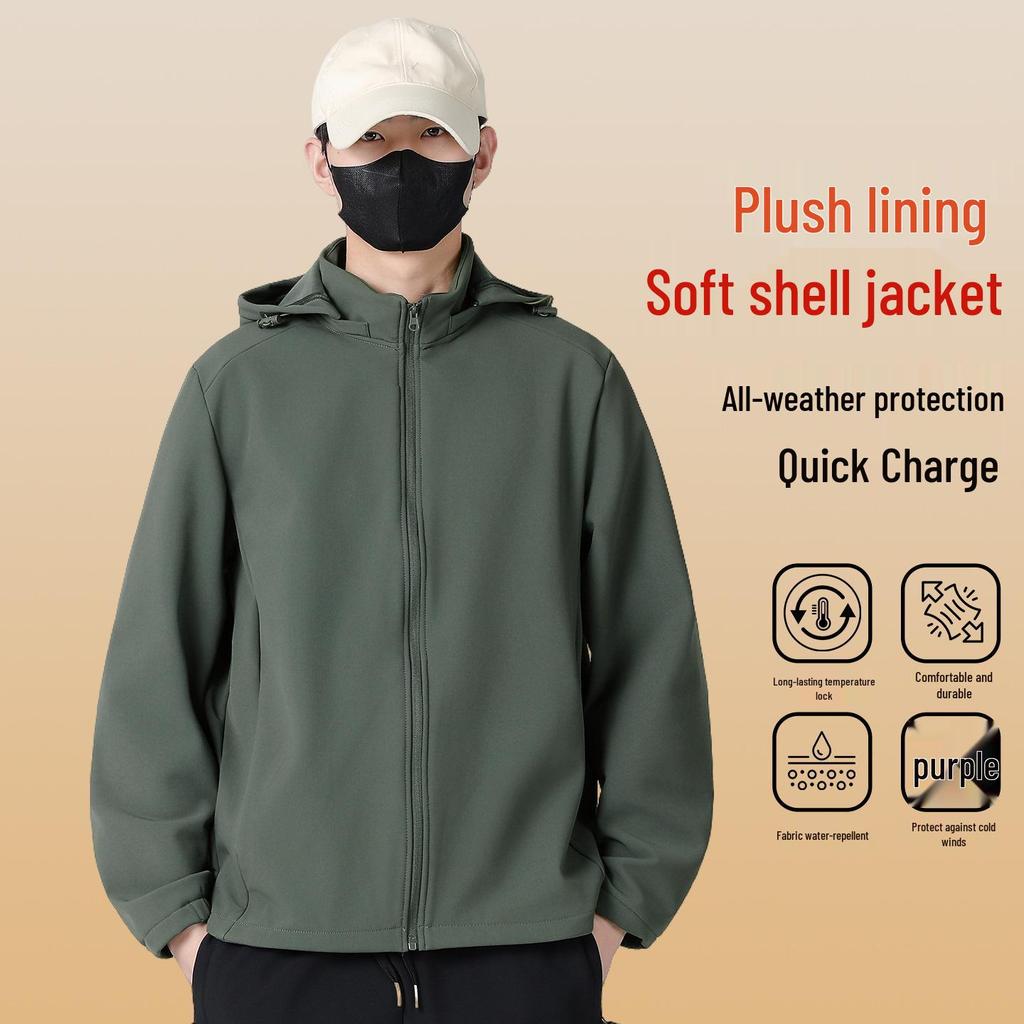 Men's Winter Softshell Jacket with Detachable Hood, Fleece-Lined, Windproof, and Warm - Plus Size Available