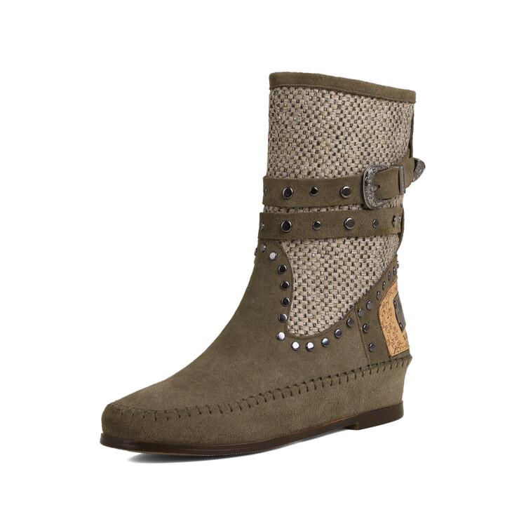 Fashion Cow Suede Rivet Belt Buckle Round Head Low Heeled Short Boots Fashionable Winter Tassel Short Plush Women's Ankle Boots Size 43