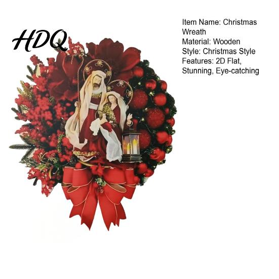 Artificial Holiday Wall Decor with Red Berries 2D Flat Wooden Nativity Christmas Wreath Little Jesus Holly Family Front Indoor Outdoor Mantel