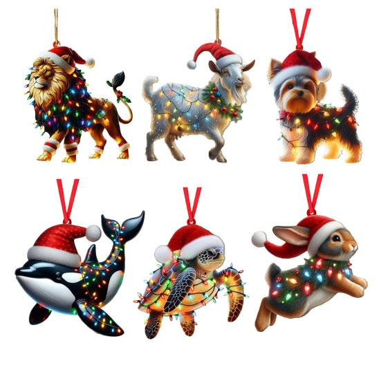 Christmas Ornament Flat 2D Acrylic Lion Wearing Santa Hat Charm Christmas Hanging Ornament with Rope