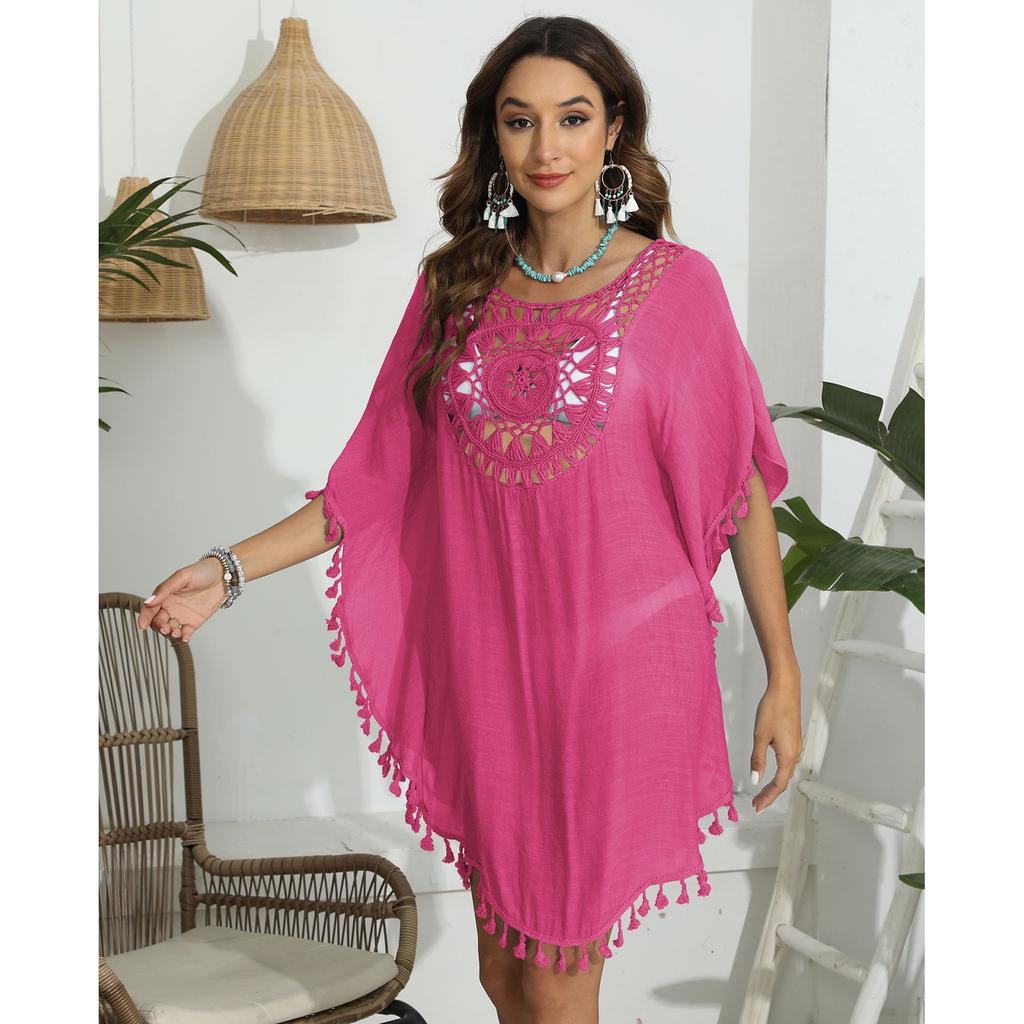 Damen-Bikini-Abdeckung, locker sitzend, lässig, Urlaub, kurzärmelig, Patchwork, modisch, Quaste, Strand