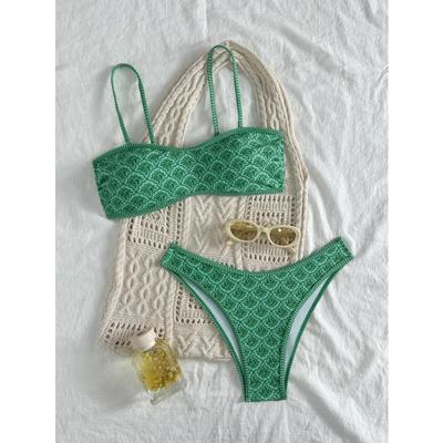 Bikini a fascia sexy 2025 Donna Verde Floreale Pieghe Push Up Imbottito Perizoma Costume da bagno Estivo Costume da bagno Pezzo unico Biquini