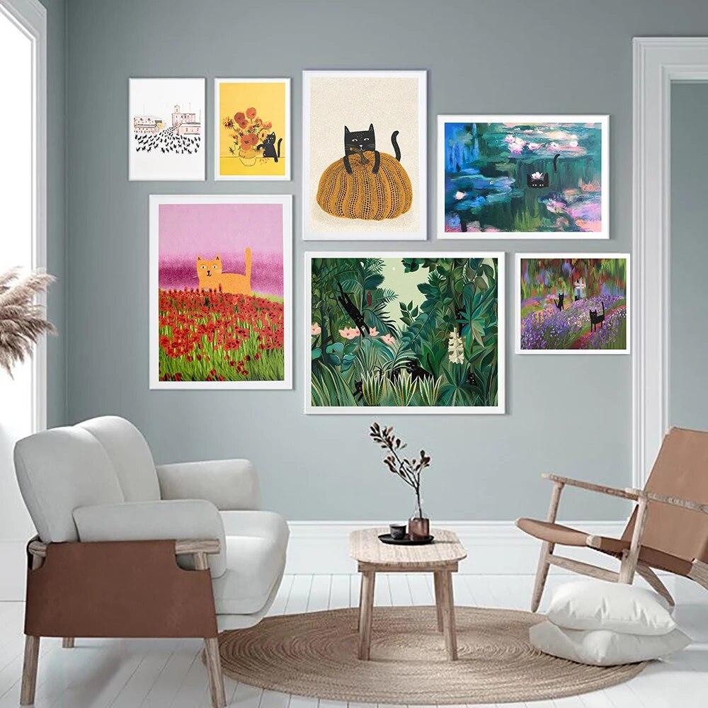 Funny Sunflower Waterlily With Cats Poster Print Yayoi Catsama's Pumpkin Canvas Painting Wall Art Picture For Nursery Home Decor No Frame