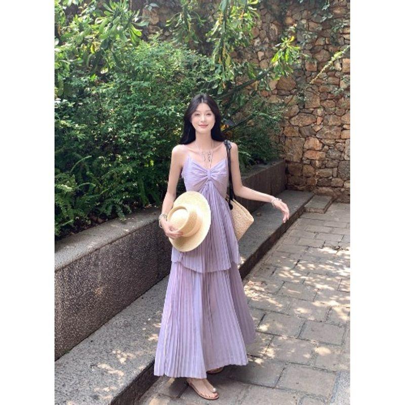 

Отпускной стиль Стильное лоскутное платье-сарафан из двух частей с эффектом накладки Женское летнее приморское свободное темпераментное платье с поясом-скруткой и нижней юбкой Smoke purple Dress XL