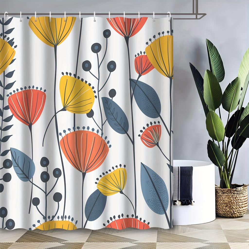 1pc Boldly colored floral shower curtain, made of polyester, machine washable, with hooks, suitable for bathroom décor.