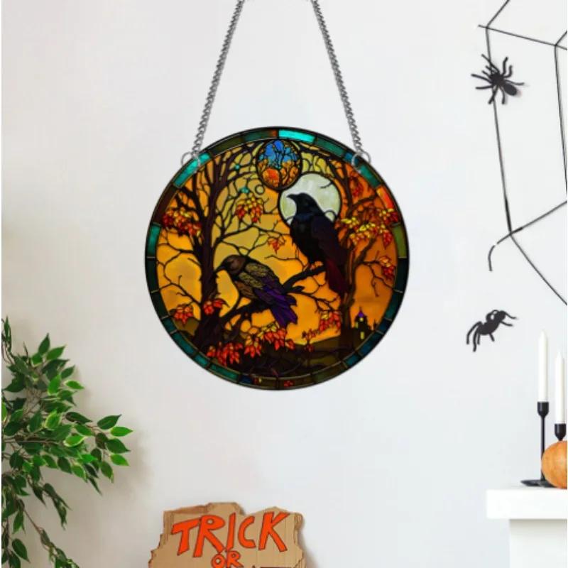 Black Cat Crow Acrylic Round Plate Home Halloween Window Wall Decor Creative Craft Pendants Creation Pendant Retro Decoration