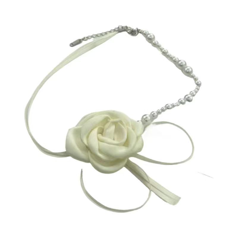 Super fairy white rose flower neck chain ribbon bow pearl necklace women s versatile high-end sense collarbone chain necklace decoration summer
