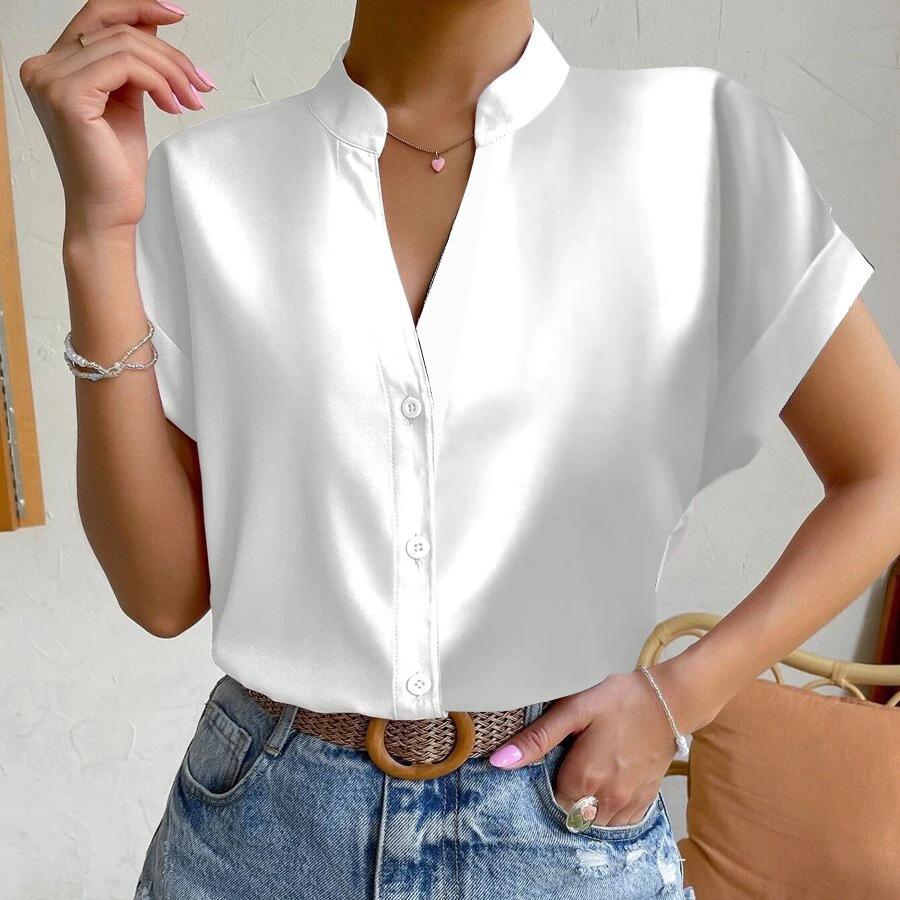 YYFS Women's Fashion Casual Summer Solid Color Print Short Sleeve V-Neck Blouses & Shirts